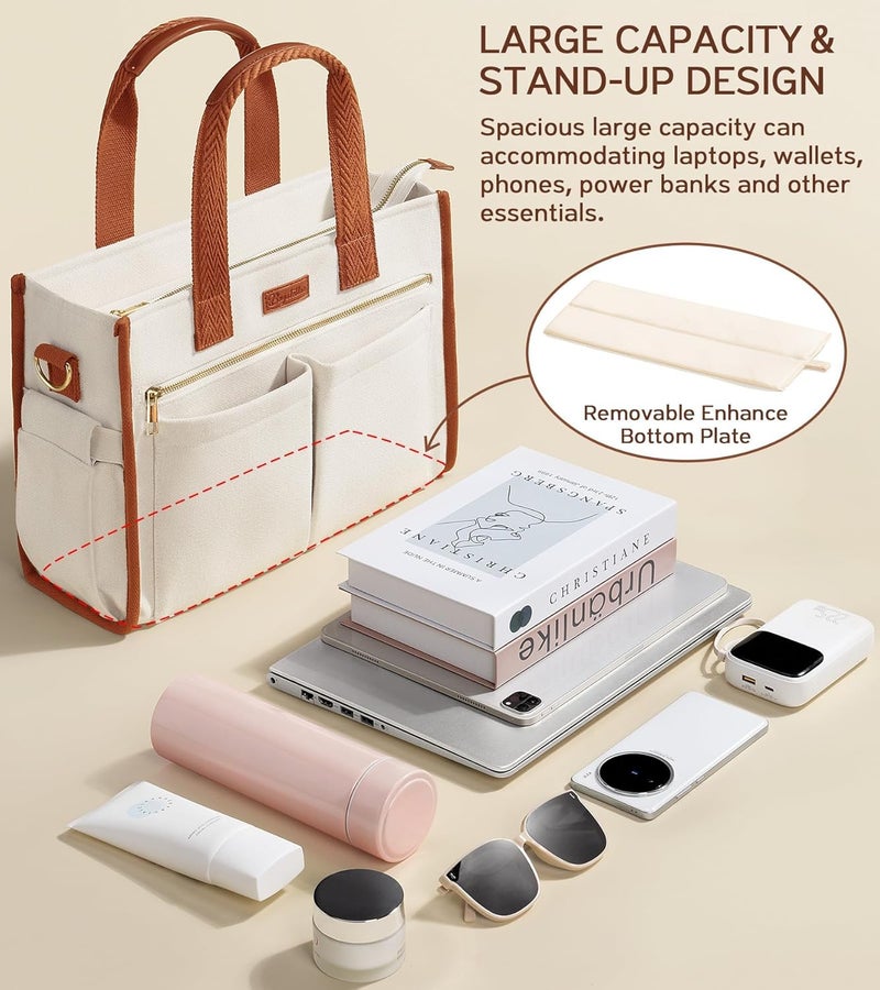 Bagstellar Canvas Tote Bag for Women, 15-Pockets Work Laptop Tote Purse Large Crossbody Nurse Teacher Bible Bag for School Travel Daily | Lightweight Canvas, Computer Laptop Bag, Two Size, Daily Bag, College Shoulder Bag, Travel Luggage Strap, Spacious, Top Zipper - Image 4